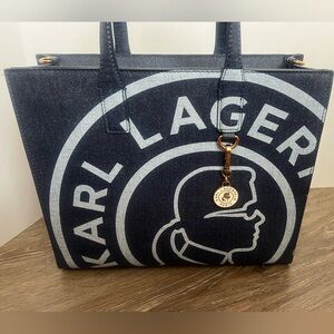 Karl Lagerfeld Denim Print Navy and White Logo Tote